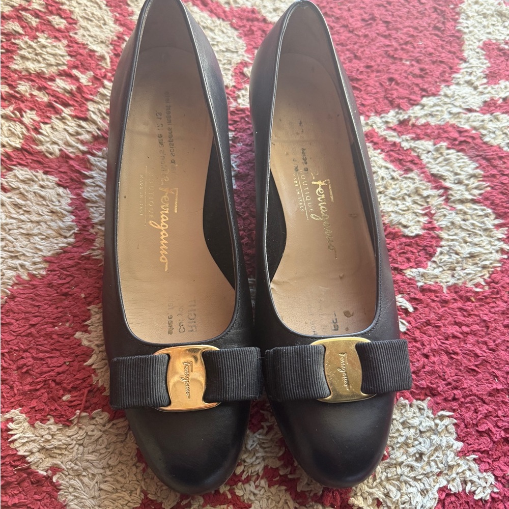 Salvatore Ferragamo Black Flats with Gold Buckle